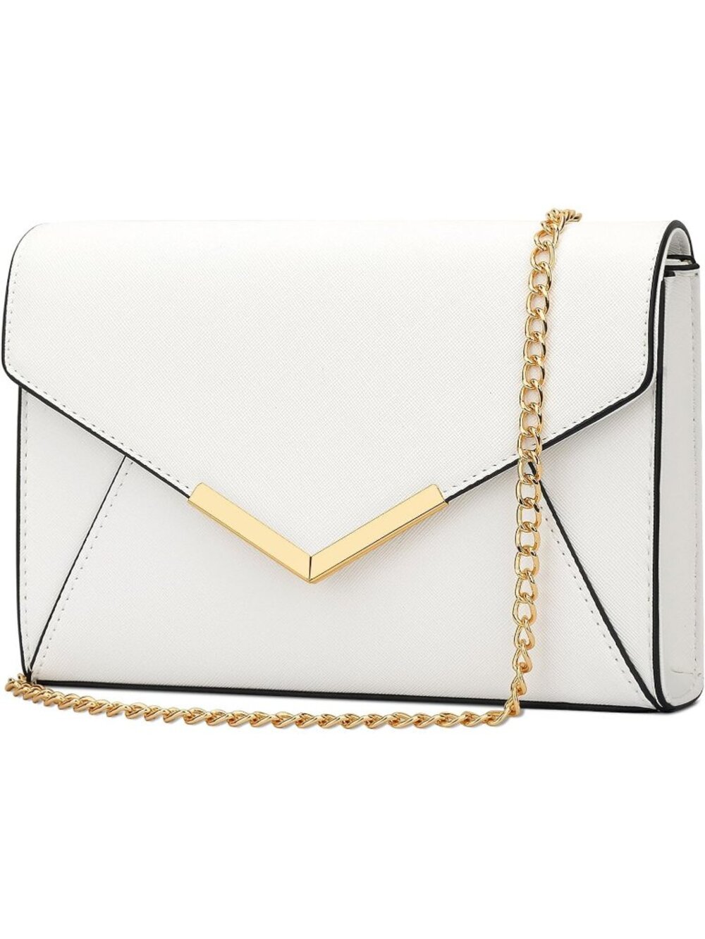 Women A White Faux Leather Envelope Clutch Purse Crossbody Chain Evening Bag